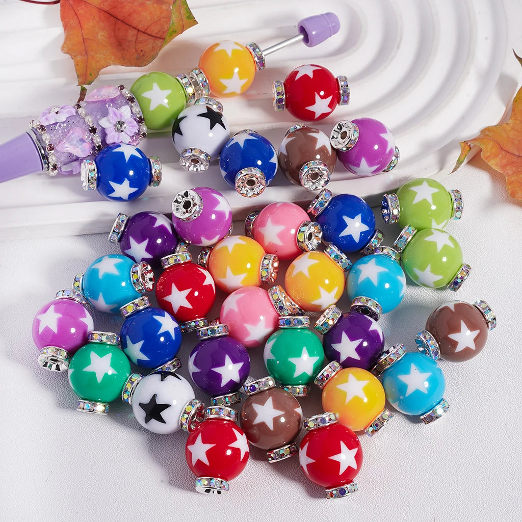 16mm Multi-color Star Prints Acrylic Beads with Silver Alloy Spacer for Trendy DIY Fashion Jewelry Crafting