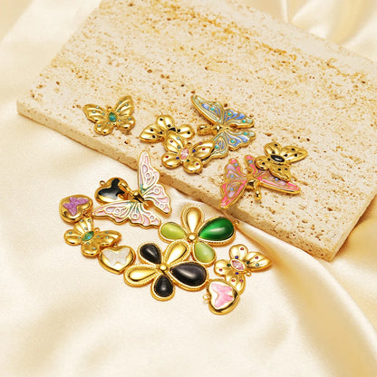 Popular Fashion 18k Gold Plated Stainless Steel Drip-oil Butterfly Flower Heart Charm Pendant for Women Jewelry Making