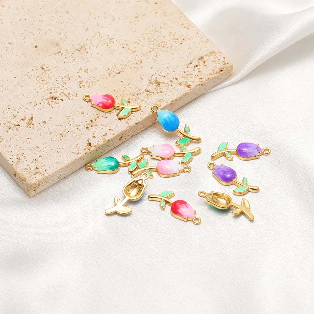 18K Gold Plated Tulip Charms Enamel Flower Bud Pendants Sweet Floral Jewelry Making Supplies for DIY Necklace Bracelet