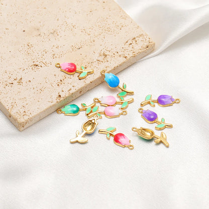18K Gold Plated Tulip Charms Enamel Flower Bud Pendants Sweet Floral Jewelry Making Supplies for DIY Necklace Bracelet