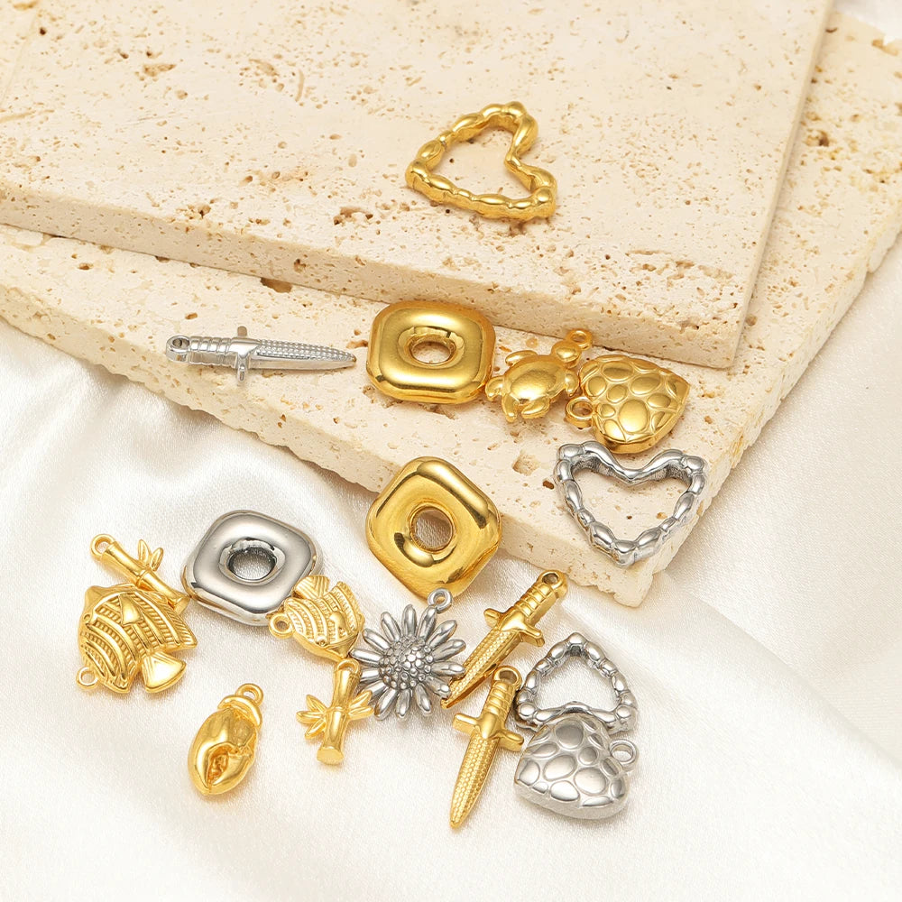 DIY Pendant 18k Gold Plated Stainless Steel Heart Sunflower Turtle Shrimp Fish Charm Pendant for DIY Necklace Jewelry Making