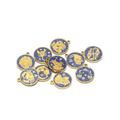 Wholesale 12 Constellations Enamel Charms Set - 15mm Gold Round Zodiac Pendants with 1.6mm Single Hole