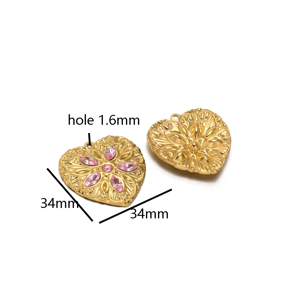 Heart Shaped Charm18k Gold Plated Stainless Steel Five-petaled Flowers Zircon Pendant for DIY Necklace Jewelry Making