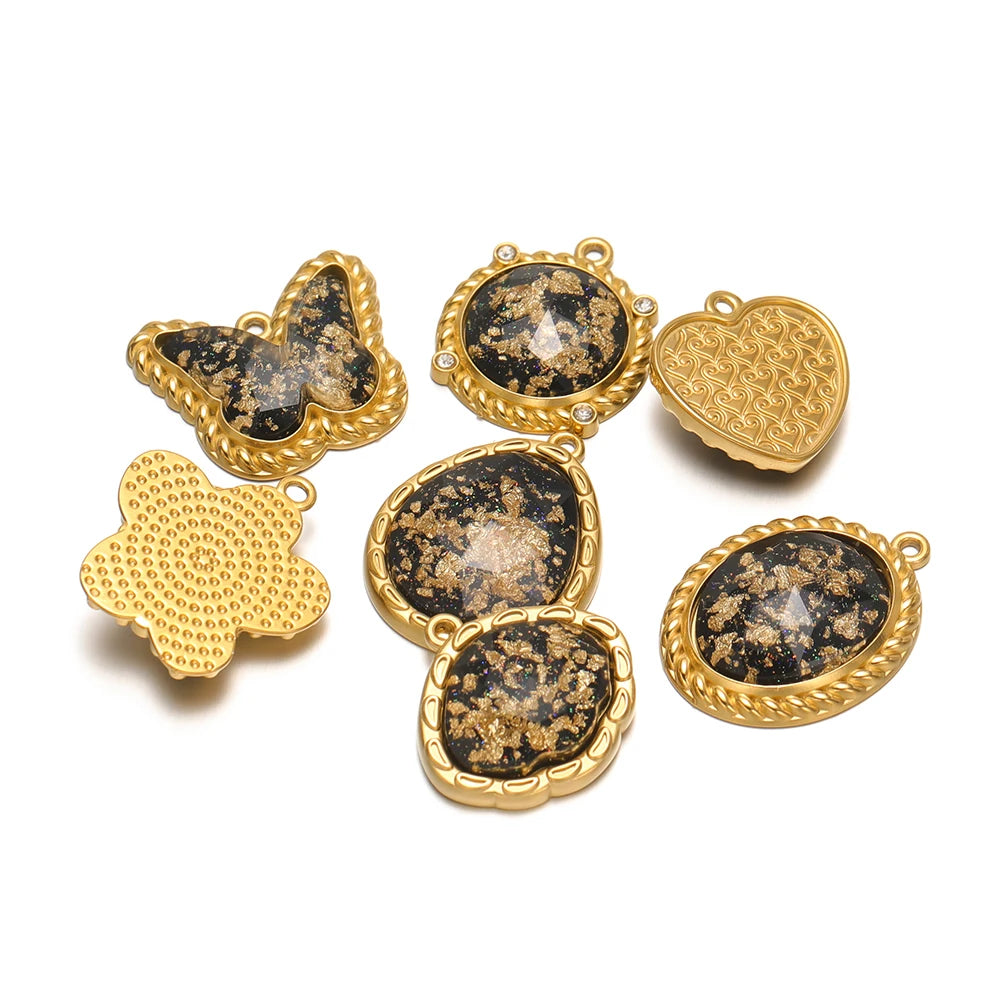 Retro Glass Pendant Stainless Steel 18k Gold Plated Star Heart Round Butterfly Shape Charm Pendant for Jewelry Necklace Making