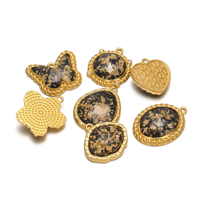 Retro Glass Pendant Stainless Steel 18k Gold Plated Star Heart Round Butterfly Shape Charm Pendant for Jewelry Necklace Making