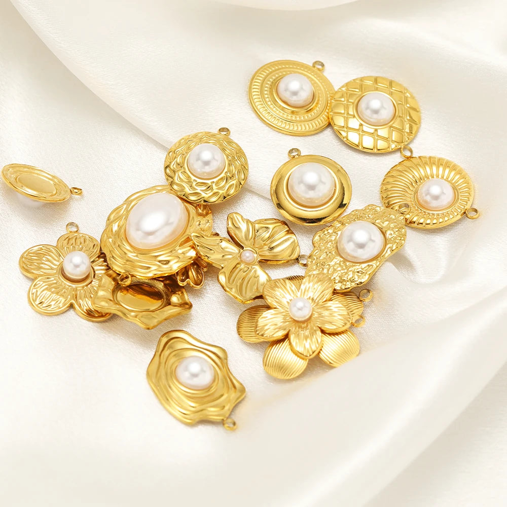 Hot Sale Fashion 18k Gold Plated Stainless Steel Pearl Flower Irregular Shape Charm Pendant for DIY Necklace Jewelry Making