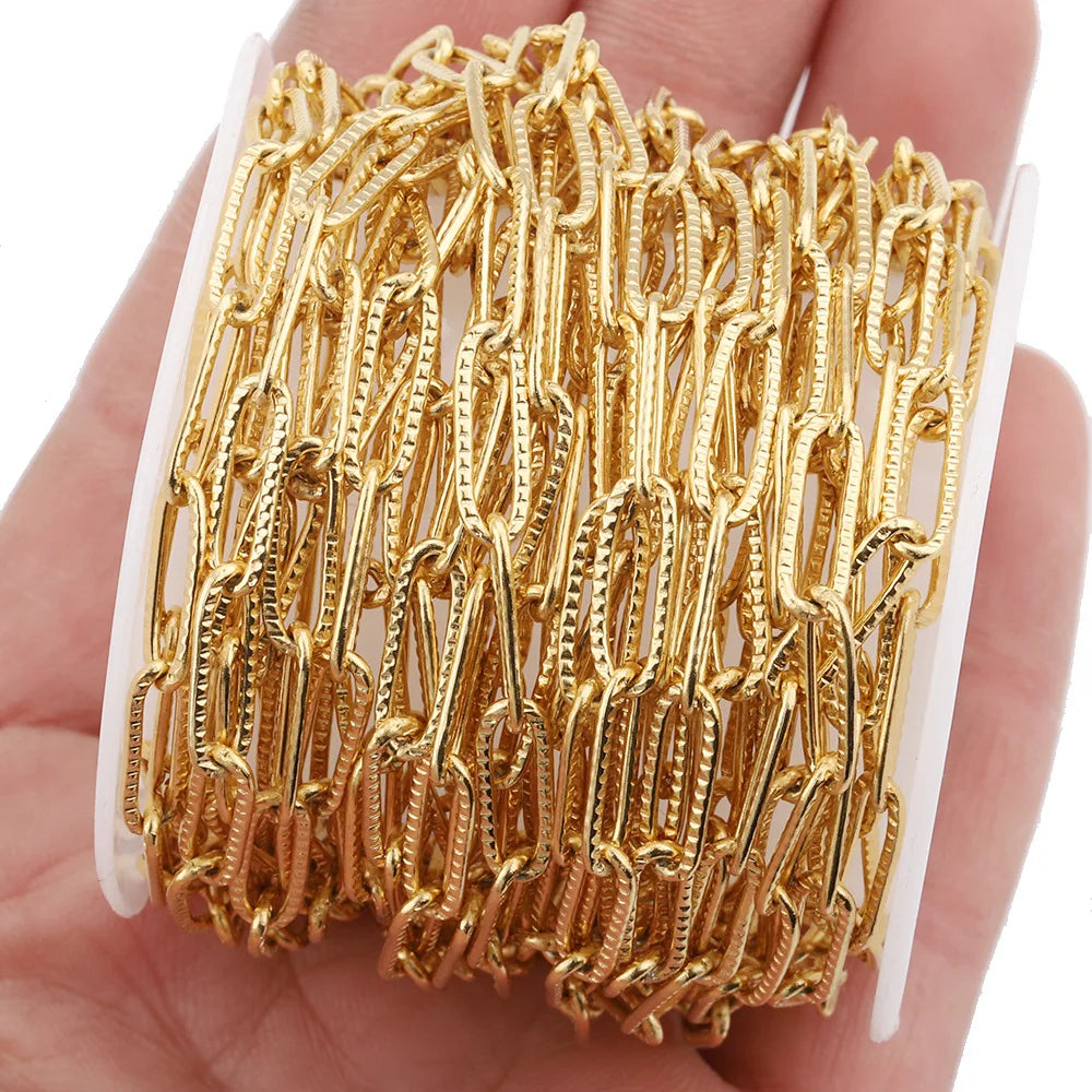 A1283 High Quality 18k Gold Plated Stainless Steel Chain 4mm Paper Clip Chain Bulk for Necklace Bracelet Jewelry Making
