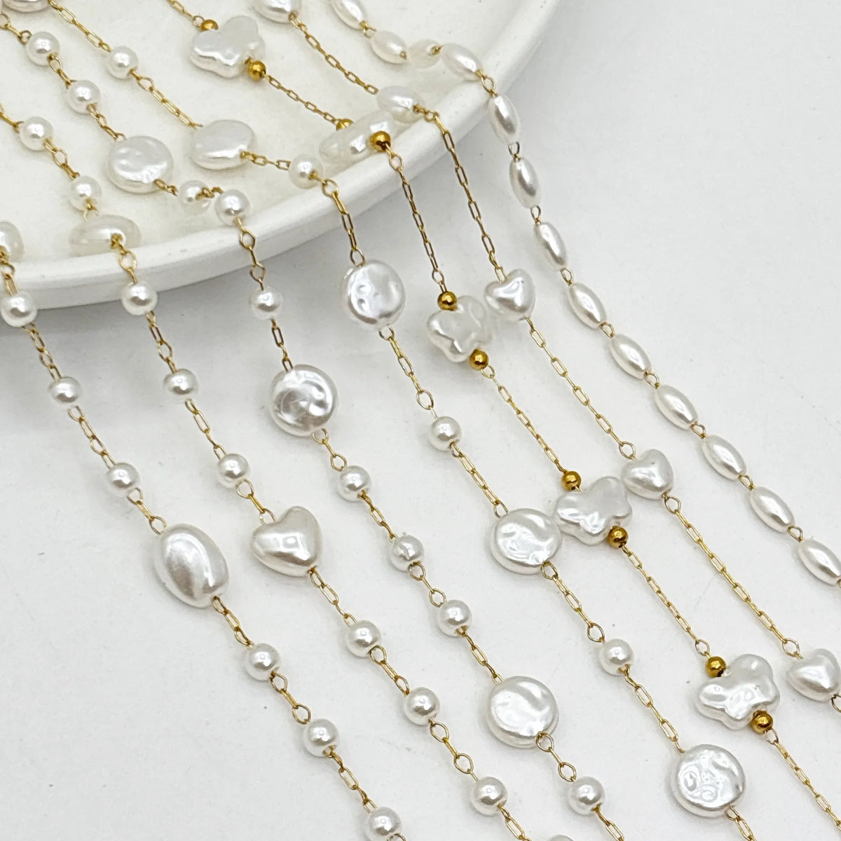 E245 Freshwater Pearl Beads Chain Heart butterfly Round Pearl Link Chain Stainless Steel Permanent Chains for Diy