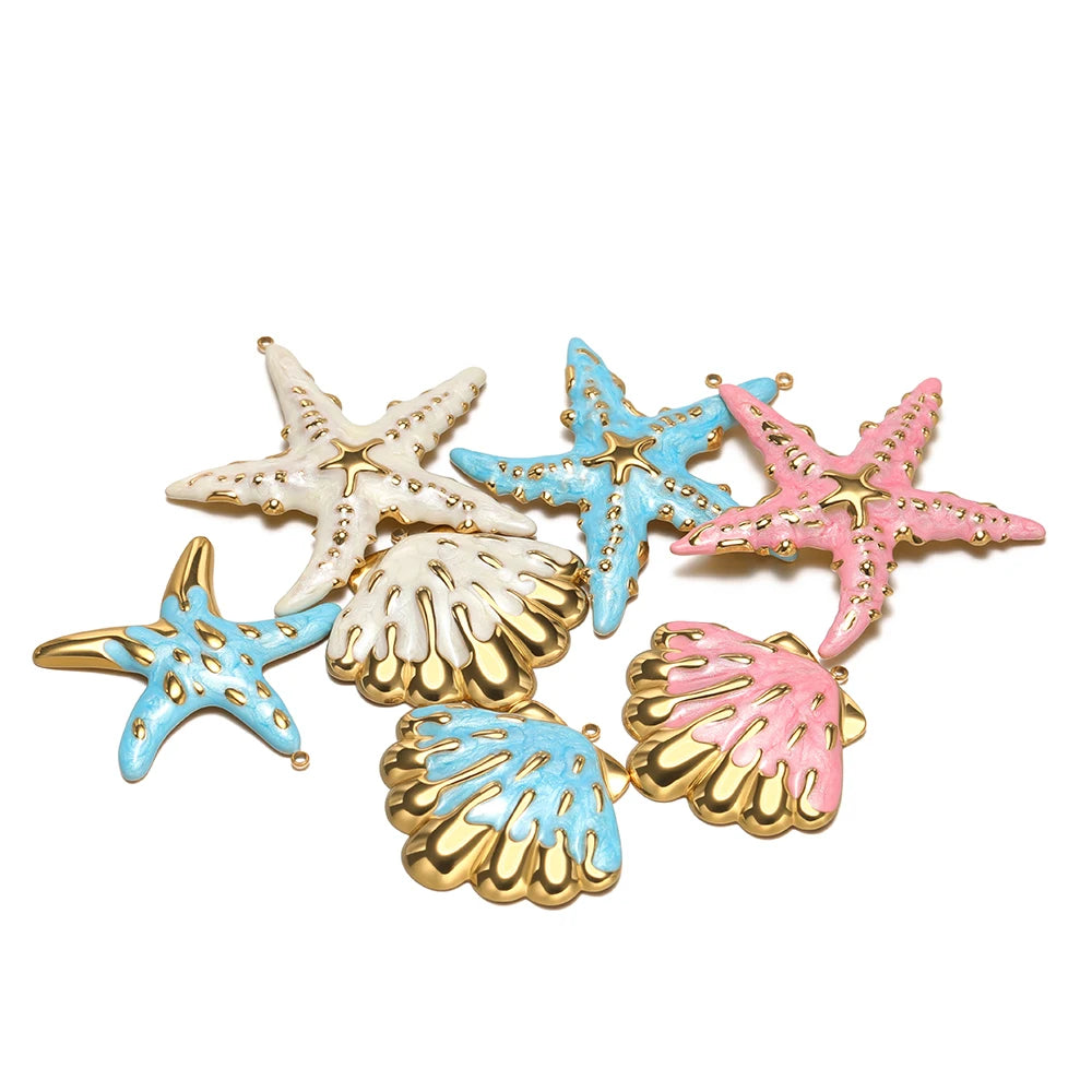 New Ocean Themed Stainless Steel 18k Gold Plated Enamel Shell Starfish Charm Pendant for Diy Jewelry Making Wholesale