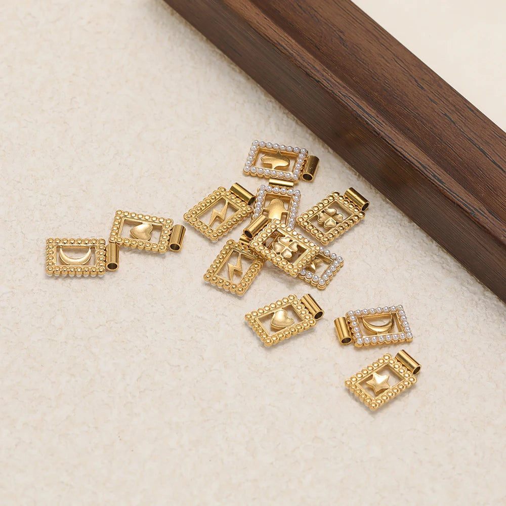 18k Gold Plated Stainless Steel Hollow Rectangular Pearl Four-leaf Clover Star Moon Charm Pendant for Necklace Jewelry Making
