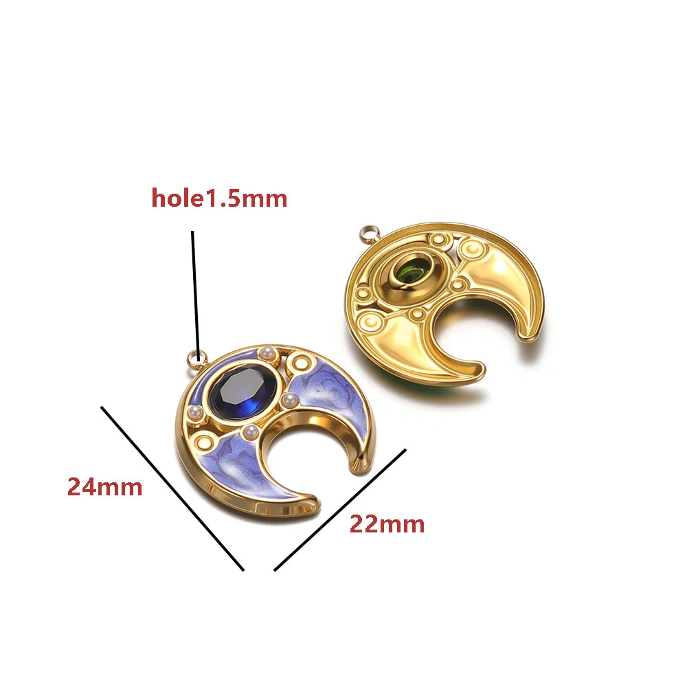 18K Gold Plated 24*22mm Wide Hollow Moon Single-Sided Oil Dripping Point Color Diamond Pearl 1.5mm Single-Hole Light Green