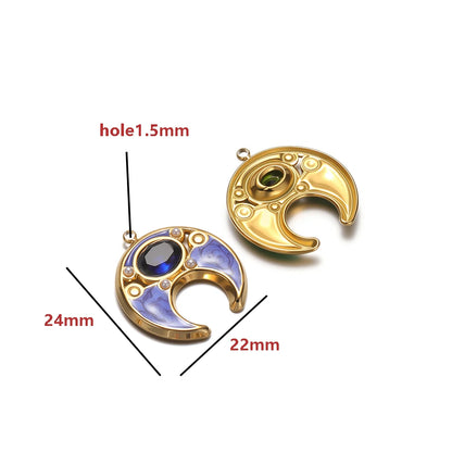 18K Gold Plated 24*22mm Wide Hollow Moon Single-Sided Oil Dripping Point Color Diamond Pearl 1.5mm Single-Hole Light Green