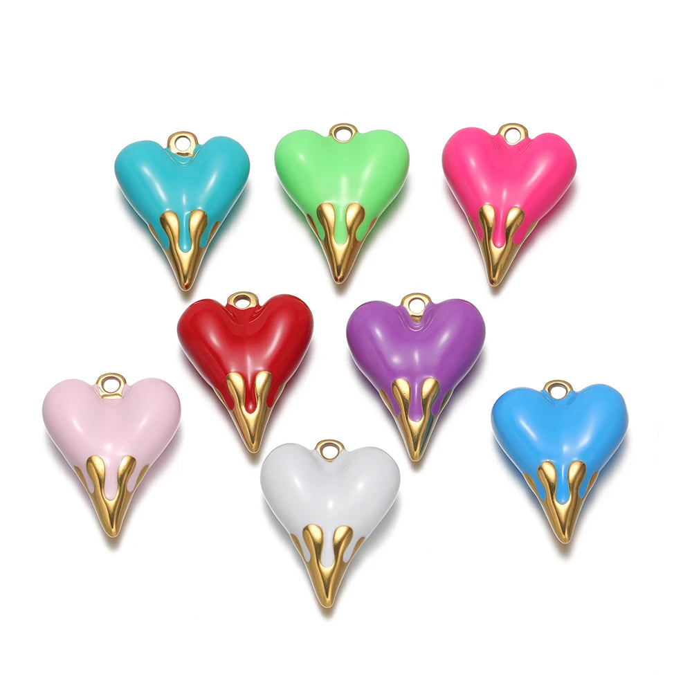 5pcs/bag Stainless Steel 18k Gold Plated Enamel Heart Charm Pendant for Diy Jewelry Necklace Earring Making Bulk