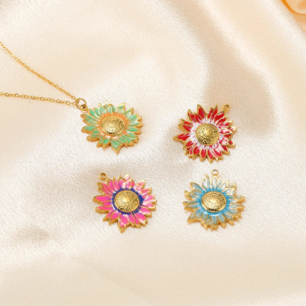 Diy Handmade Jewelry Accessories Stainless Steel 18k Gold  Enamel Sunflower Charms Pendant for Jewelry Earrings Necklace Making