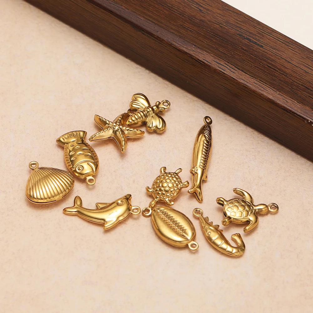 18k Gold Plated Stainless Steel Hollow Fish Sea Turtles Dolphins Charm Pendant for DIY Necklace Jewelry Making Jewelry Findings