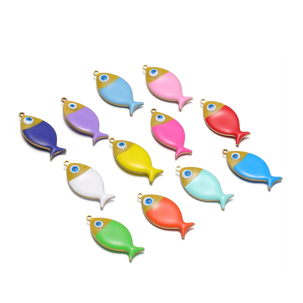 5pcs/bag Children's 18k Gold Plated Stainless Steel Enamel Fish Charm Pendant for Jewelry Necklace Making Accessories