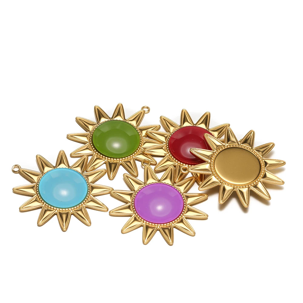 New Bohemian Retro Stainless Steel Gold Plated Big Sun Gemstone Charm Pendant for Earring Jewelry Making Accessories