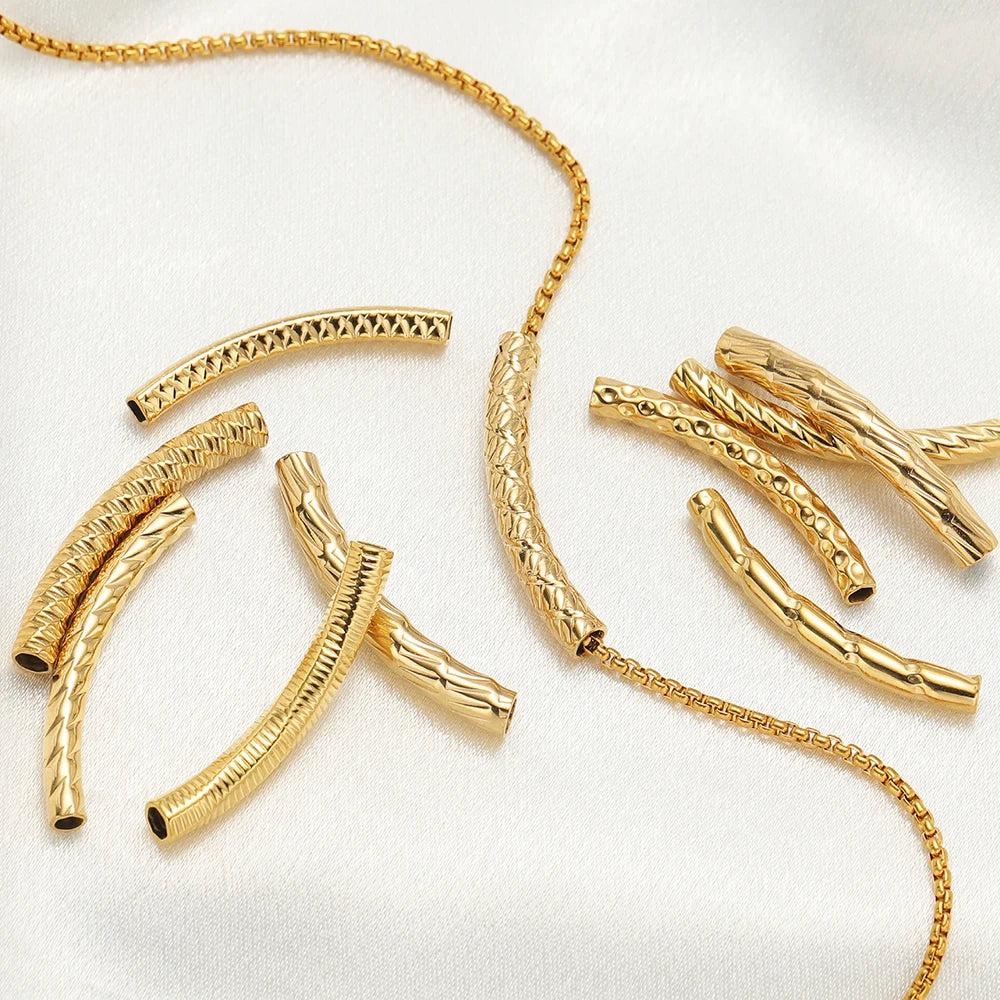 Gold Plated Stainless Steel Multi Patterns Embossed Curved Tube Bend Charm Pendant for DIY Jewelry Making Accessories