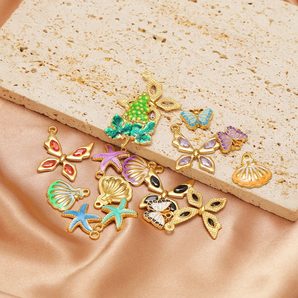 Hot Selling 18k Gold Plated Stainless Steel Enamel Butterfly Heart Shell Starfish Charm Pendant for DIY Necklace Jewelry Making