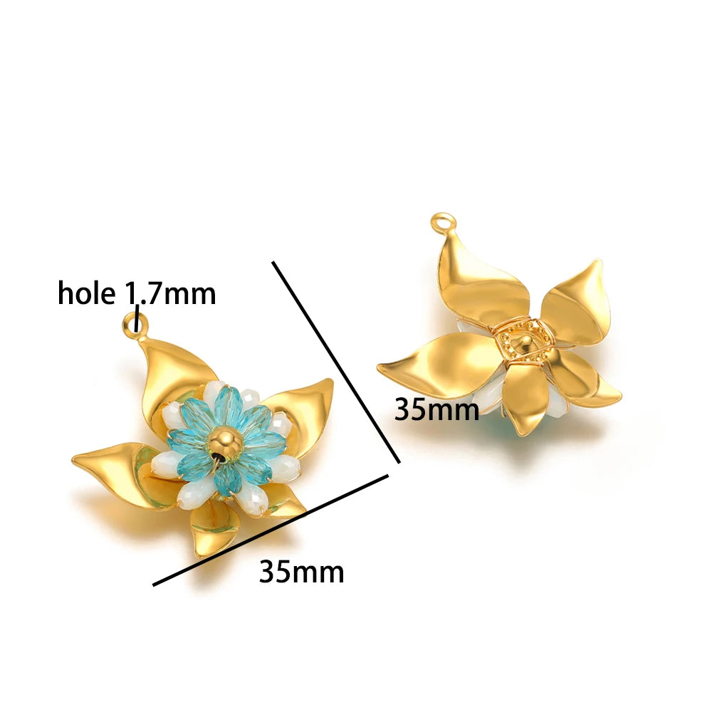 Elegant Designs 18k Gold Plated Stainless Steel Bowknot Flower Crystal Bead Charm Pendant for Jewelry Making Accessories