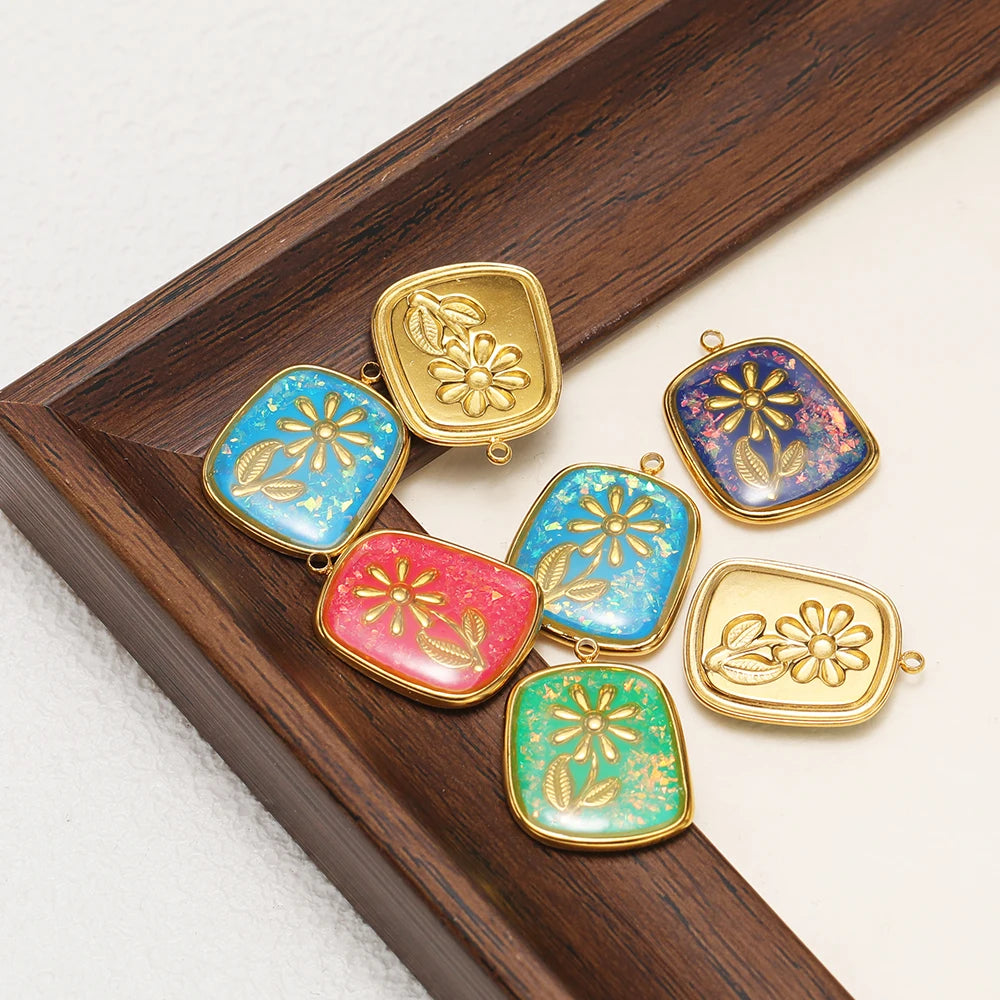 Fashion 18k Gold Plated Stainless Steel Square Enamel Flower Charm Pendant for DIY Necklace & Earring Making Accessories