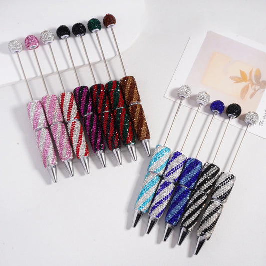 Full Diamond Oblique-Stripe Double Color Full Rhinestone Beadable Ballpoint Pen Creative Glitter Colorful Student DIY Gift