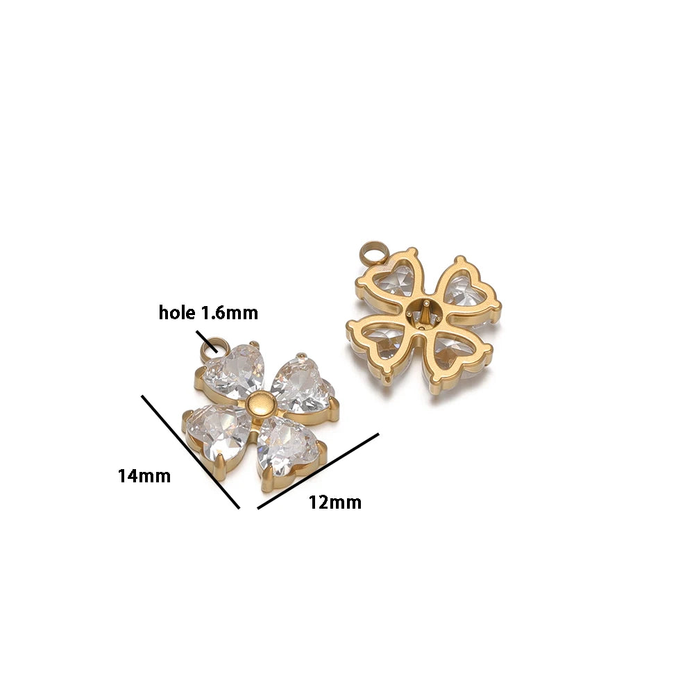 New Arrival Stainless Steel 18k Gold Plated Zircon Four Leaf Clover Flower Charm Pendant for Diy Jewelry Making Wholesale