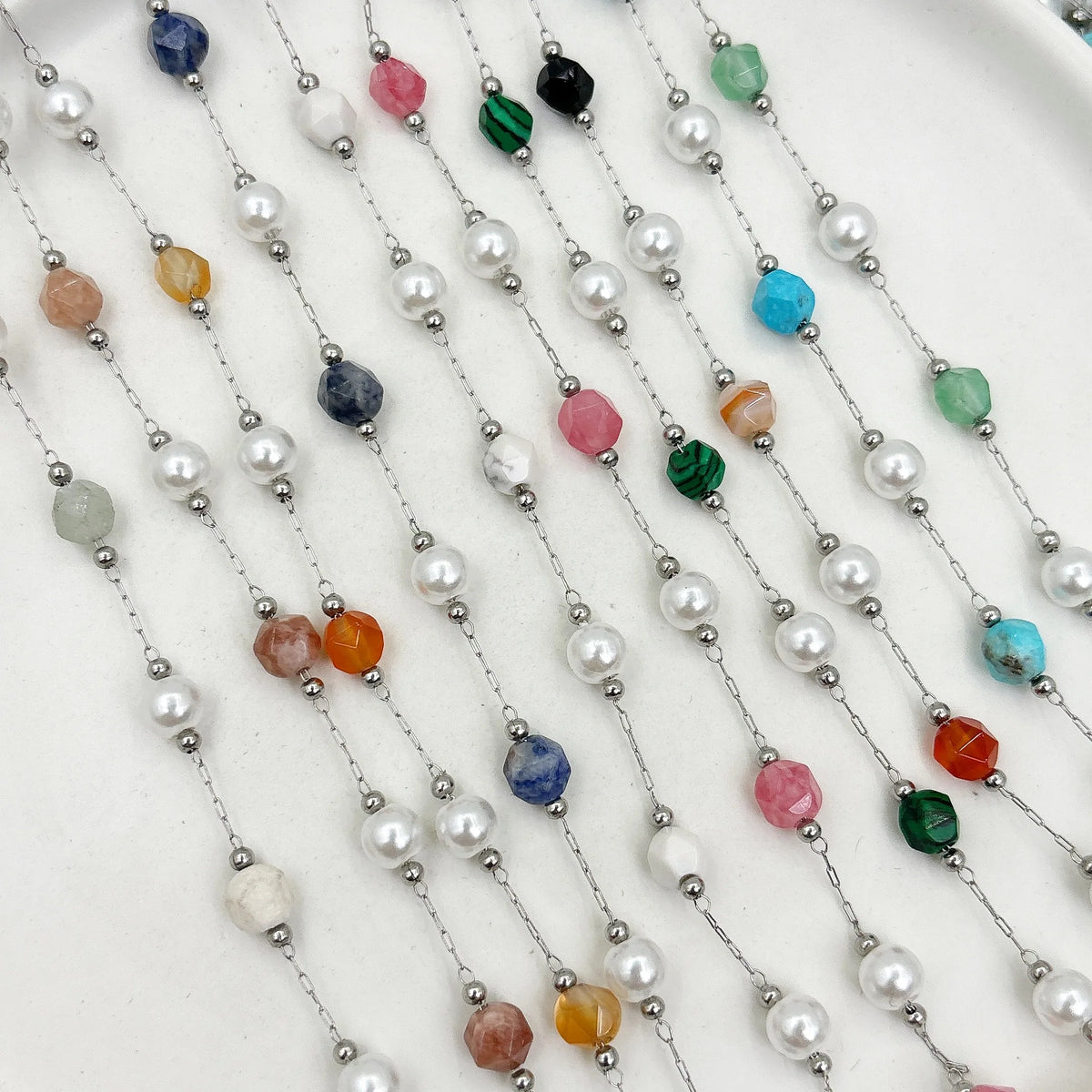 E249 Silver Plated Stainless Steel Permanent Chain Colorful Crystal Jade Stone Chain Pearl Beads Chains for Diy