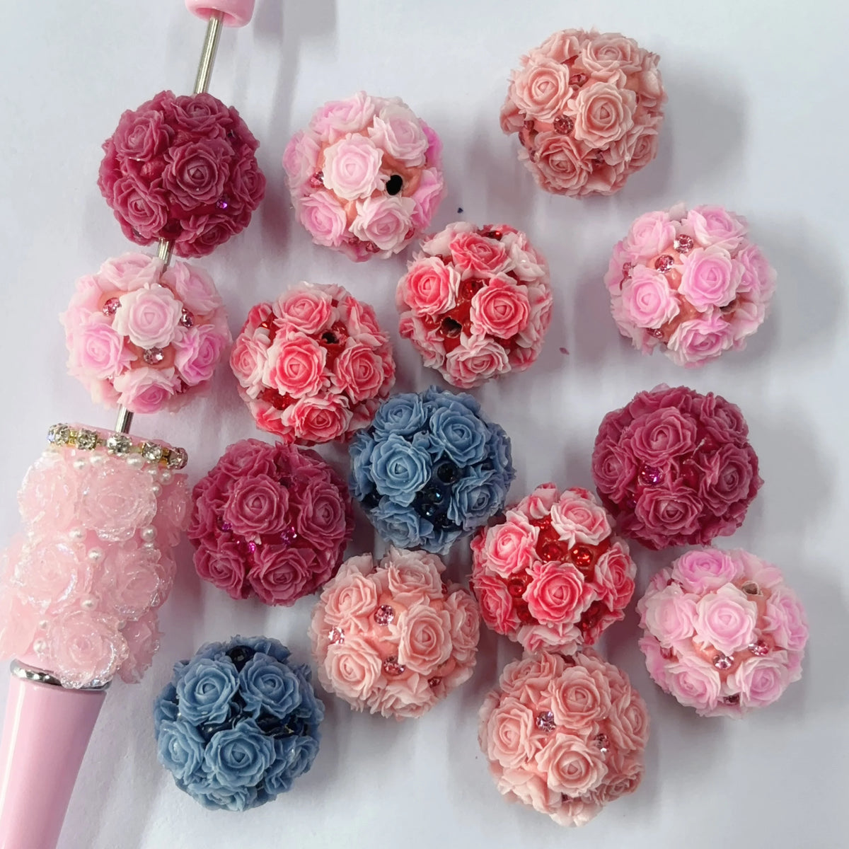 Luminous Rose Flower Clay Beads With Shiny Rhinestones Loose Beads for Beaded Pens Jewelry Making