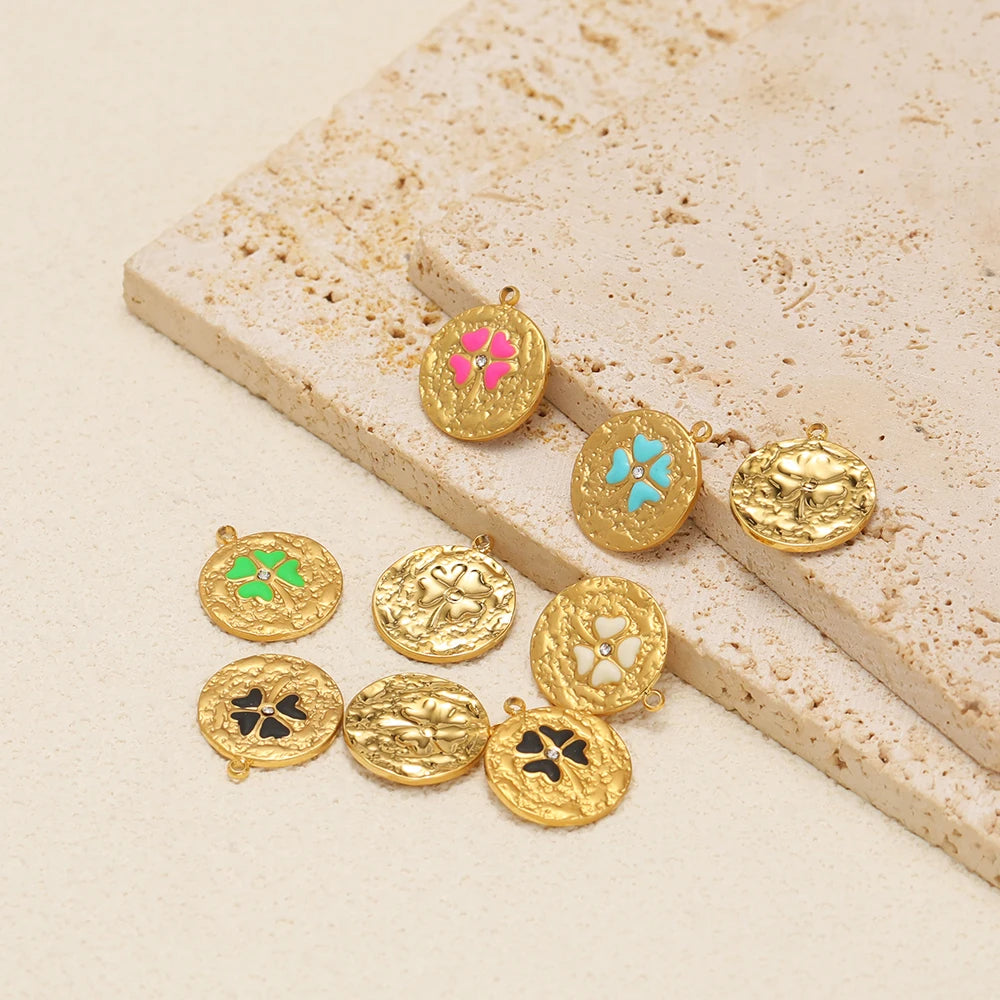New Product Stainless Steel 18k Gold Plated Enamel Four Leaf Clover Crumpled Round Charm Pendant for Jewelry Necklace Making