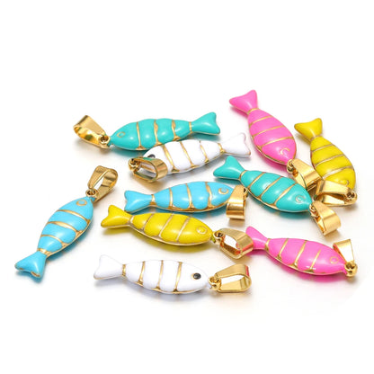 New Arrival Stainless Steel 18K Gold Plated Colorful Enamel Striped Fish Charm Pendant for Jewelry Earrings Necklace Making
