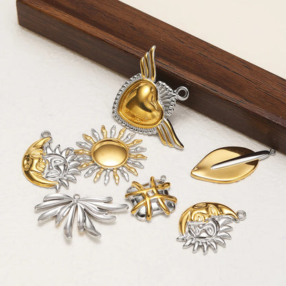 Hot Sale Stainless Steel 18k Gold Plated Sun Face Heart Feather Charm Pendant for DIY Jewelry Necklace Earring Making