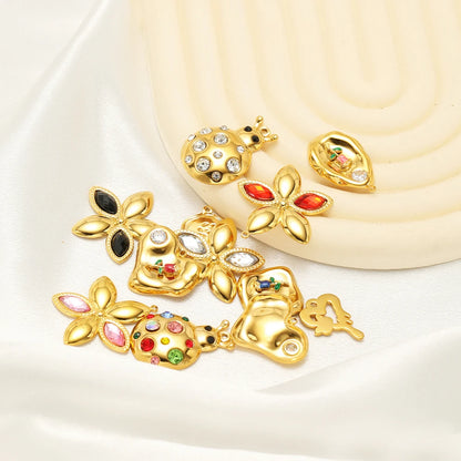 Fashion 18k Gold Plated Stainless Steel Enamel Flower Zircon Heart Key Ladybird Charm Pendant for Jewelry Making Accessories