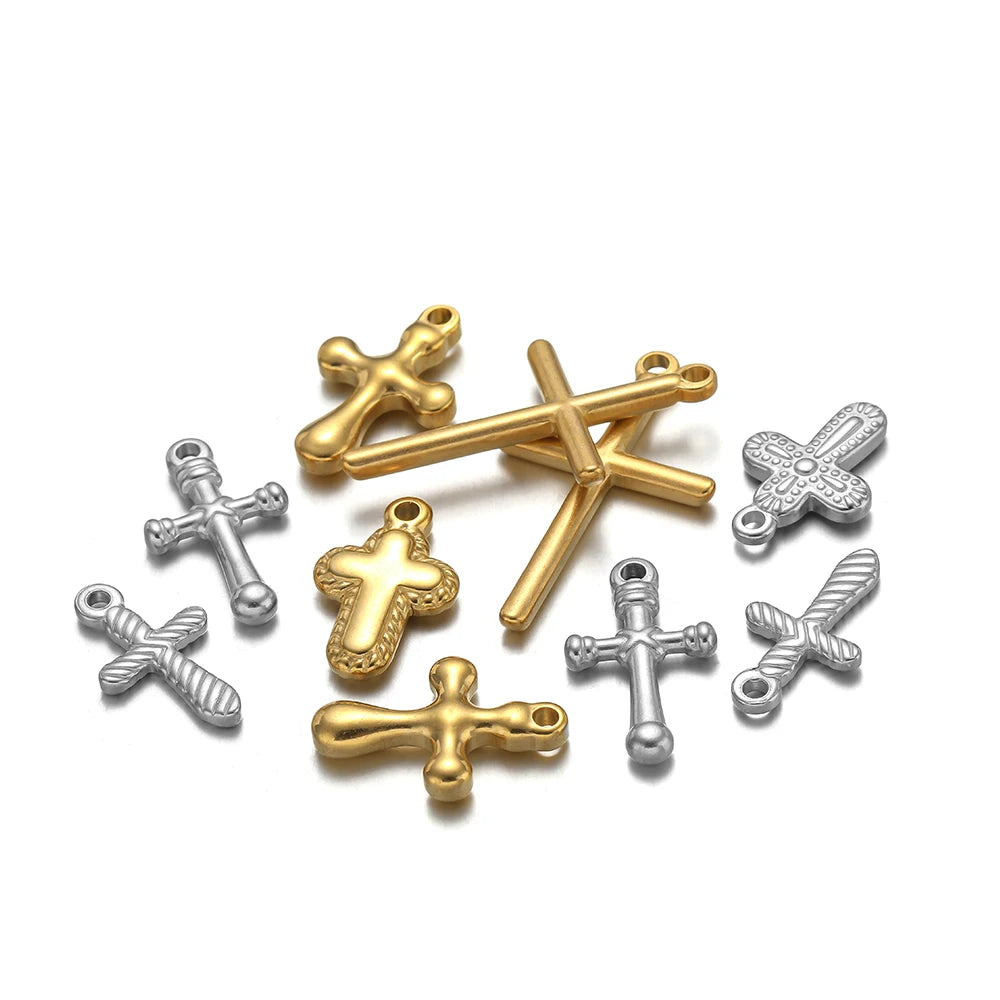 Classic 18k Gold Plated Stainless Steel Cross  Charm Pendant for DIY Necklace Jewelry Making Accessories Wholesale