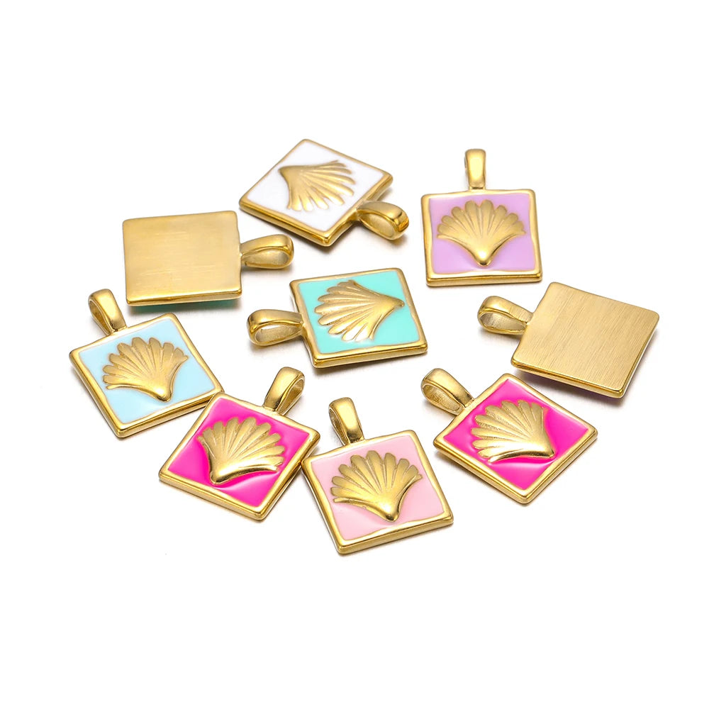 Newest Stainless Steel 18k Gold Plated Enamel Colorful Square Charm Pendant  for Jewelry Necklace Making Accessories