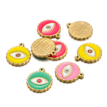 French Drop Oil  Eye Pendant Stainless Steel Gold Plated Colored Coin Shape Enamel Eyes Charm Pendant for Jewelry Making