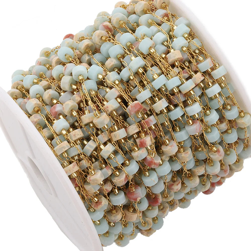 A2757 Fashion Colorful Natural Stone Beads Chain Beaded Rosary Stainless Steel Chain for Necklace Bracelet Making Diy