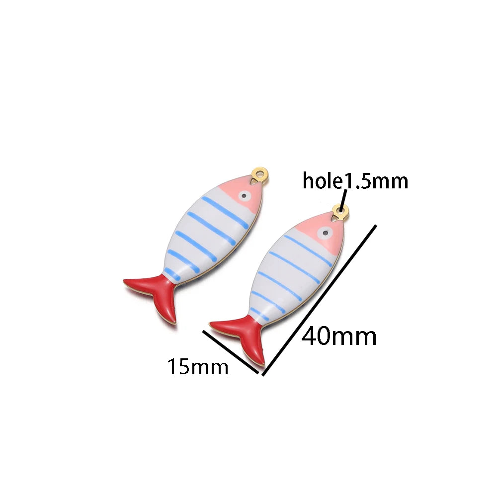 Fashion 18k Gold Plated Stainless Steel Enamel Striated Fish Charm Pendant for DIY Necklace Jewelry Making Accessories