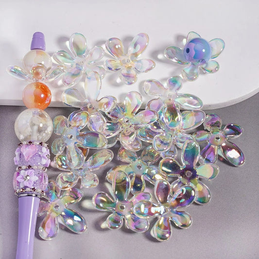 Wholesale UV Coated Acrylic Flower Beads 29x35MM Transparent AB Color Five-Petal Spacer Beads for DIY Pen Jewelry Making