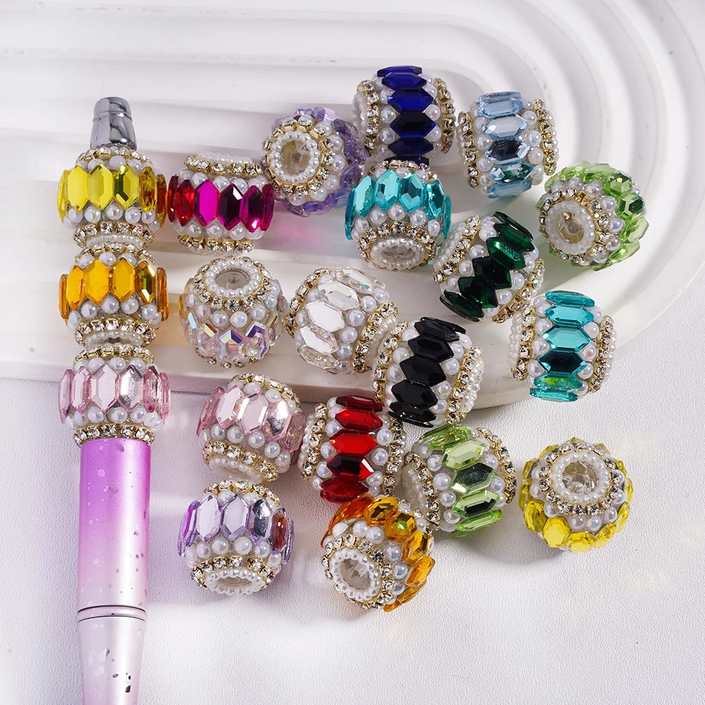 Round Acrylic Plastic Lucite Rhinestone Beads with White Pearl Clear Chains for Pen Keychain Making