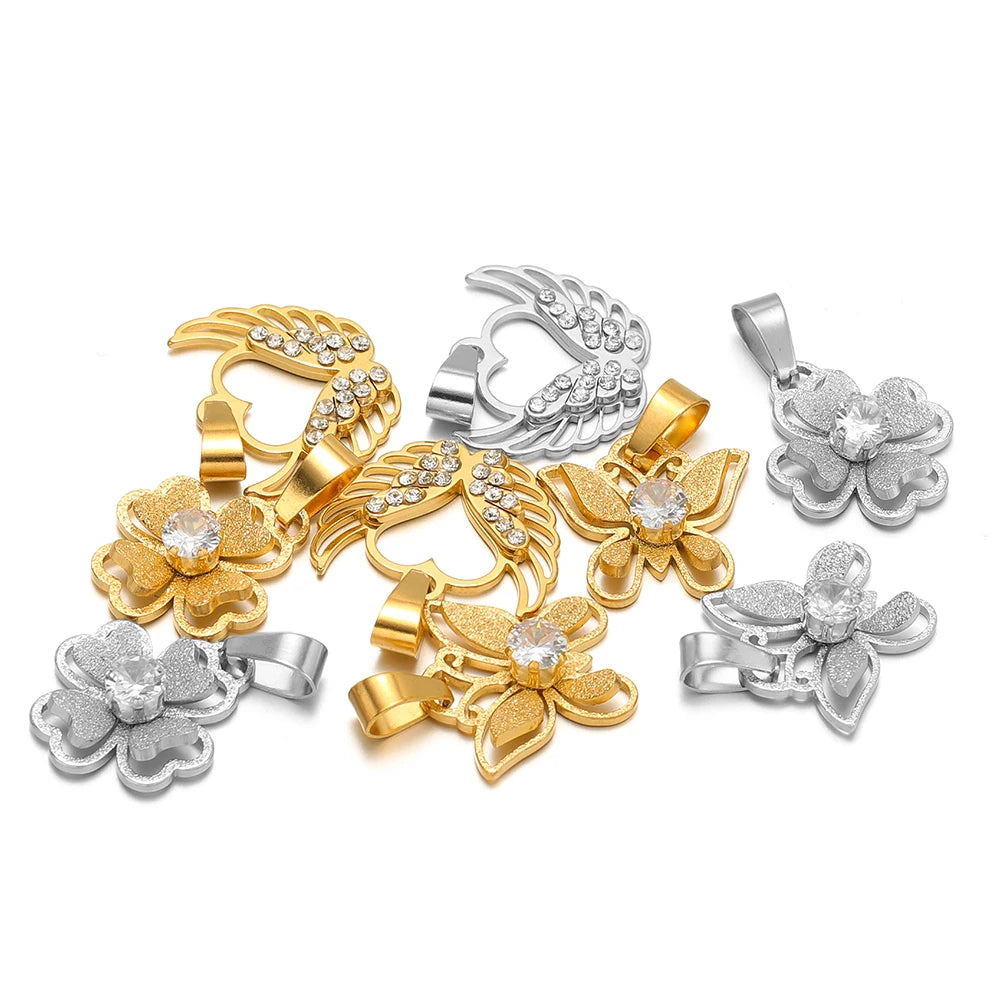 18k Gold Plated Stainless Steel Hollow Butterfly Wing Flower Zircon Charm Pendant for DIY Jewelry Making