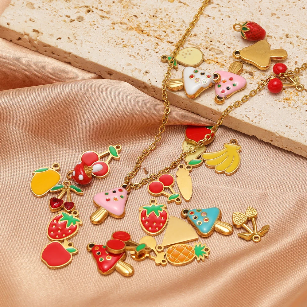 Colorful Fruits Pendant 18k Gold Plated Stainless Steel Strawberry Bananas Cherry Mushroom Charm Pendant for DIY Jewelry Making