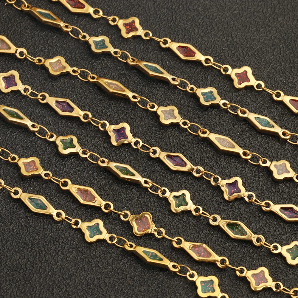 D842 Fashion Clover Flower Stainless Steel Chain Enamel Bulk Roll Necklace Bracelet Making Chain Jewelry Findings