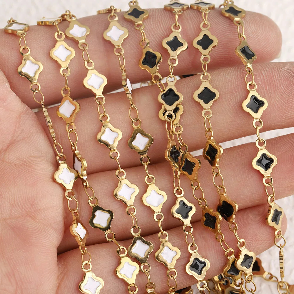 D480 Wholesale Fashion Jewelry Double-Sided Four-Leaf Clover Chains 18k Gold Stainless Steel Bulk Enamel Chains
