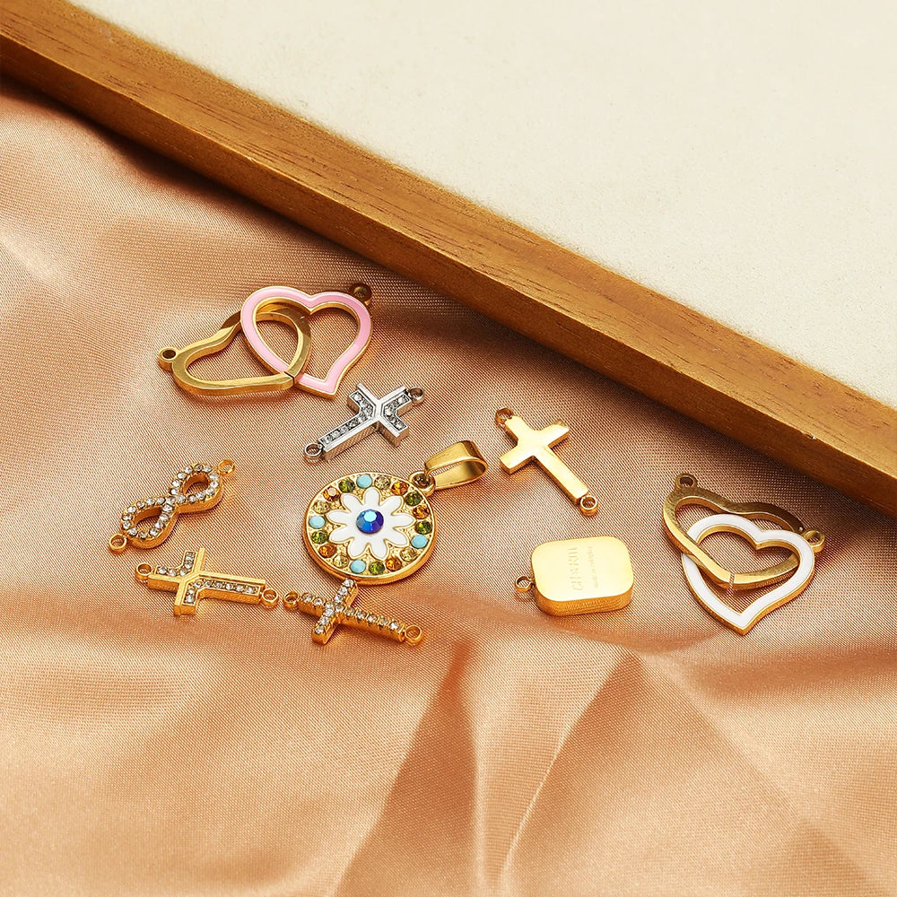 Double Heart Charm Stainless Steel Gold Plated Zircon Heart Cross Charm Pendant for DIY Jewelry Making Accessories Findings