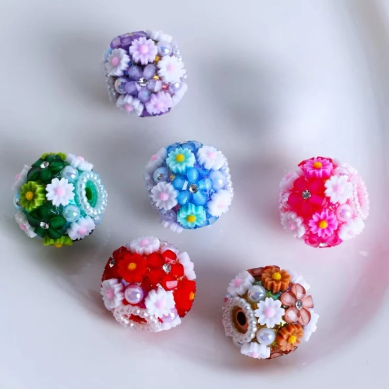 Mini Flower Design Colorful Pearls & Clear Rhinestones Round Acrylic Beads for Craft Jewelry Making