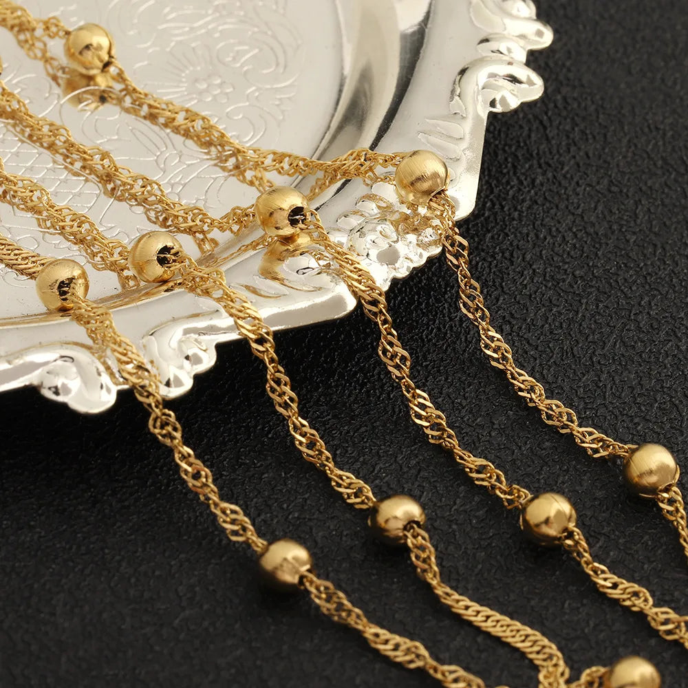 D990 Non Tarnish 18K Gold Plated Stainless Steel 4mm Round Ball Bead Water Wave Chain for Necklace Jewelry Making Permanent