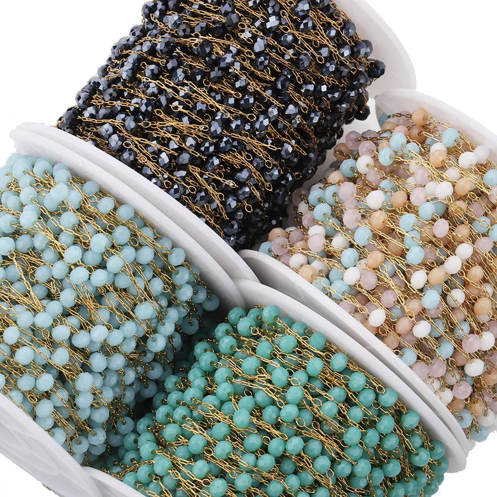 E219 Newest Gold Plated Chain Waterproof Stainless Steel Crystal Stone Beaded Chains for Jewelry Custom Diy