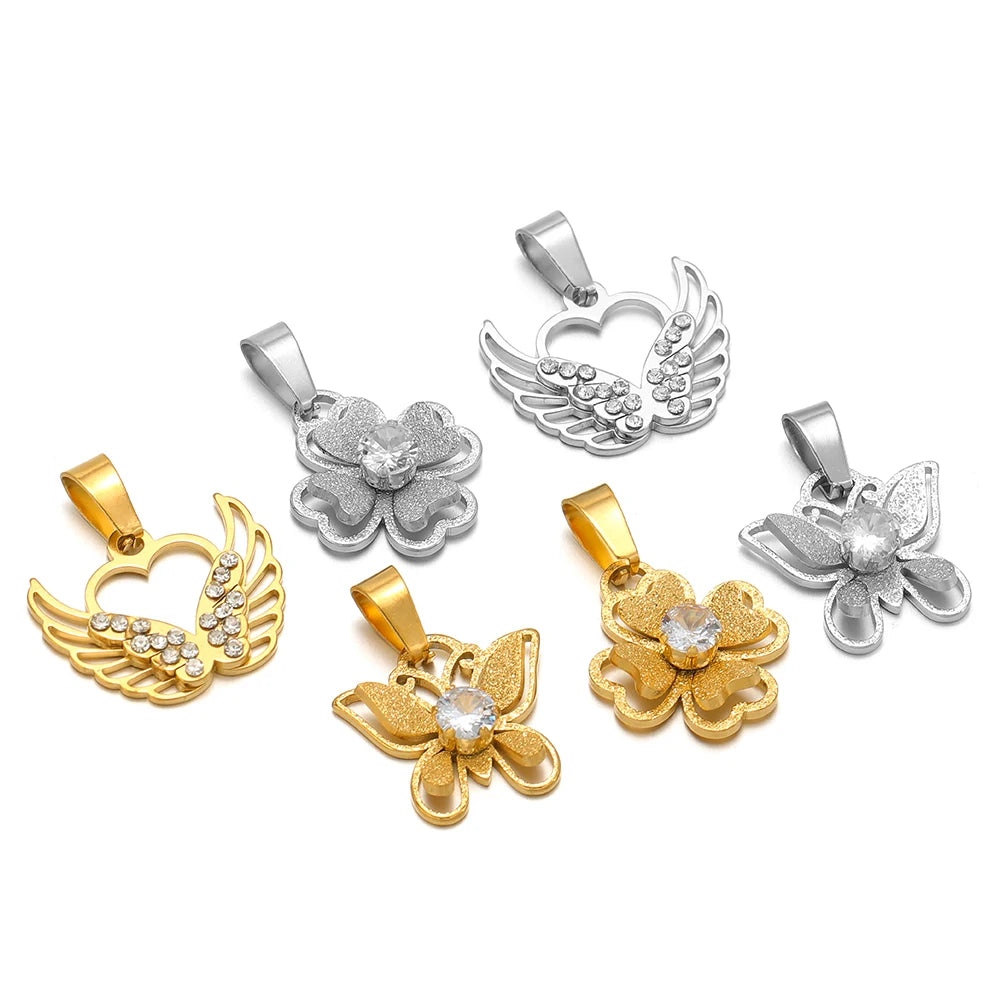 18k Gold Plated Stainless Steel Hollow Butterfly Wing Flower Zircon Charm Pendant for DIY Jewelry Making