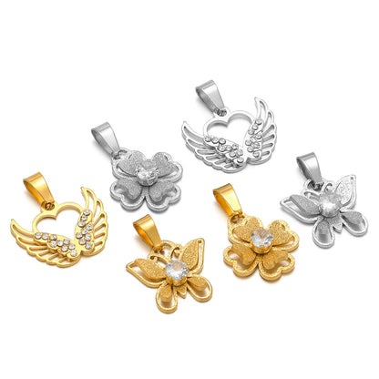 18k Gold Plated Stainless Steel Hollow Butterfly Wing Flower Zircon Charm Pendant for DIY Jewelry Making